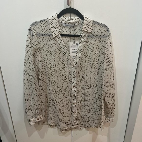 Zara, NWT,  Blouse, sheer with black dots and gold thread and buttons Cream - Picture 2 of 3